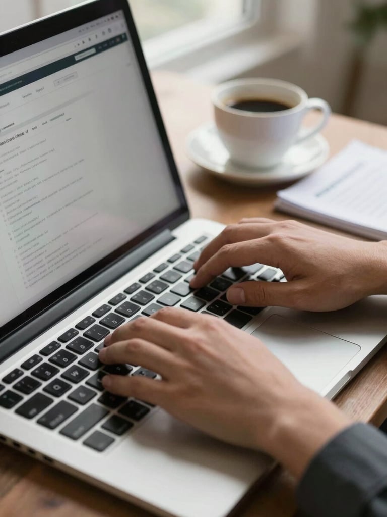 Close-up of hands typing on a laptop keyboard, a website wireframe visible on screen, a cup of coffee and a printed brief visible in the shallow background, soft morning window light across the desk