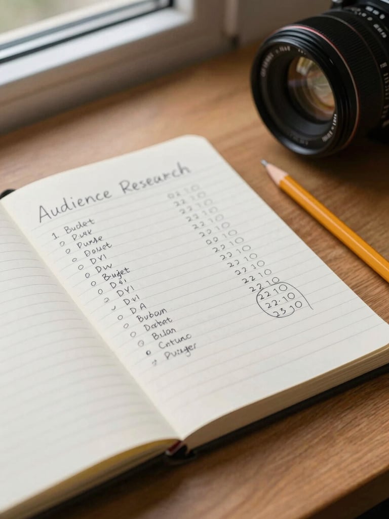 Overhead close-up of a notepad filled with handwritten audience research notes and circled budget figures, a pencil resting alongside, on a warm wooden desk under soft window light