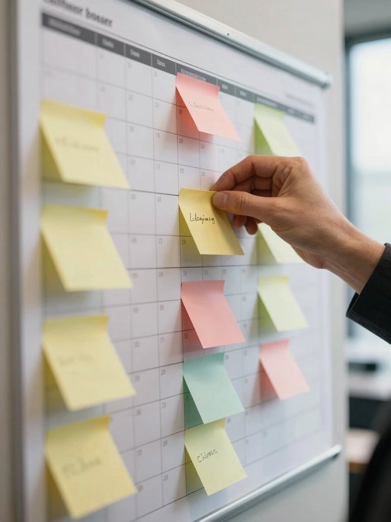 Close-up of a planning board with printed content calendar sheets, sticky notes in two colours arranged in columns, a hand mid-reach adjusting a note, soft natural side-light from an office window