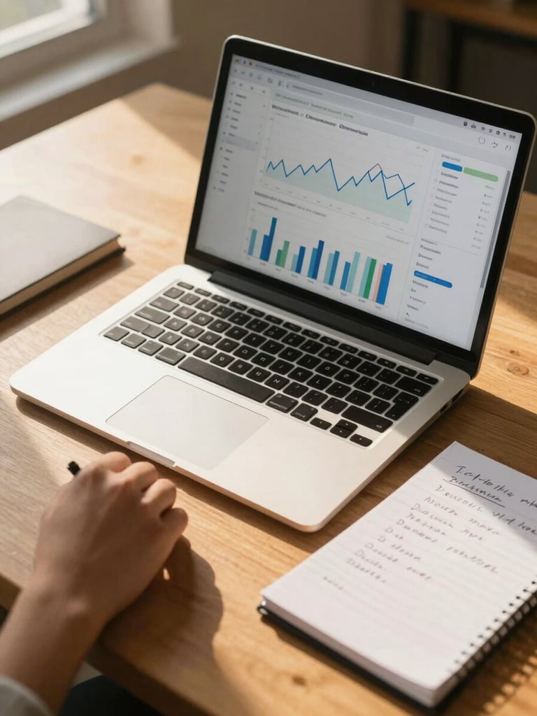 Overhead angle of an open laptop showing an analytics dashboard with line graphs, a hand resting on a notepad with handwritten notes beside it, warm golden-hour light crossing the desk surface from a nearby window
