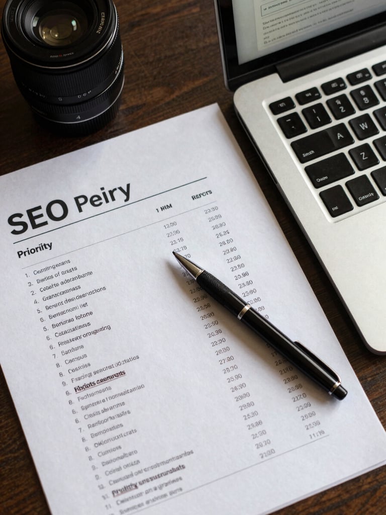 Overhead angle of a desk with a printed SEO keyword report, a pen marking priority terms, a laptop open to a search results page, natural side-light casting soft shadows across the papers