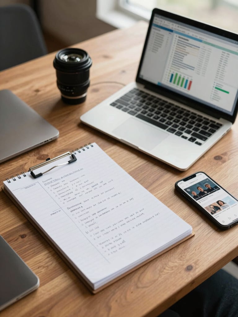 Close overhead view of a strategy planning session — a notepad with handwritten channel notes, a laptop open to an analytics dashboard, and a phone showing a social feed, all on a warm wooden desk under soft natural window light