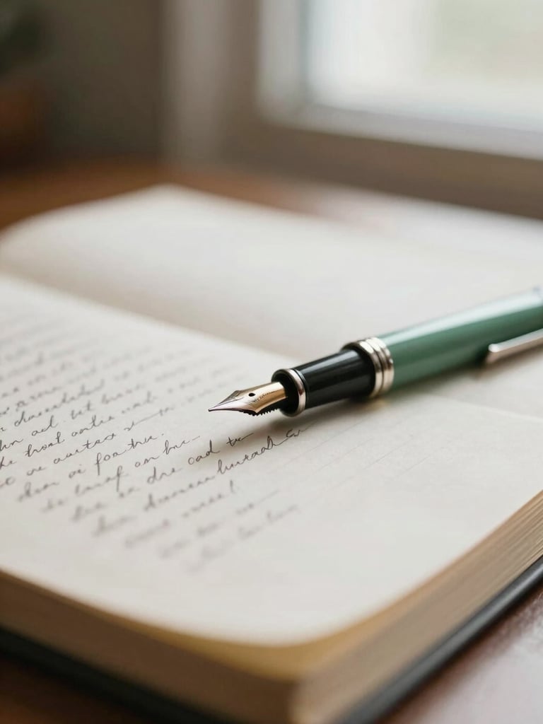 Close-up macro shot of vintage study desk, a fountain pen resting on a handwritten manuscript, soft morning light, shallow depth of field