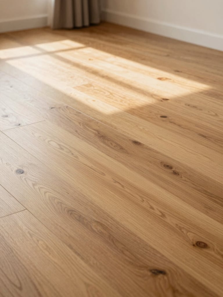 Wide-angle corner view of a freshly refinished white oak floor in a sunlit living room, natural daylight raking across the grain from the left, warm amber finish catching the light, no furniture, no people