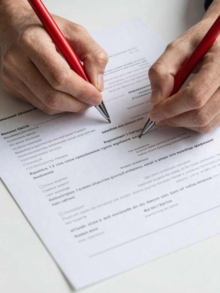 Close-up overhead shot of a pair of hands holding a red pen over a printed resume page on a white desk, marking specific lines of text, studio daylight from the left, document text and correction marks in sharp focus, purposeful editorial framing