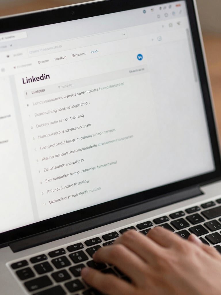 Close-up tight crop of a laptop screen showing a LinkedIn profile editing interface, headline and skills fields visible in an edit state, a hand resting near the keyboard mid-edit, bright studio lighting making screen text sharp and legible, shallow depth of field on the interface content