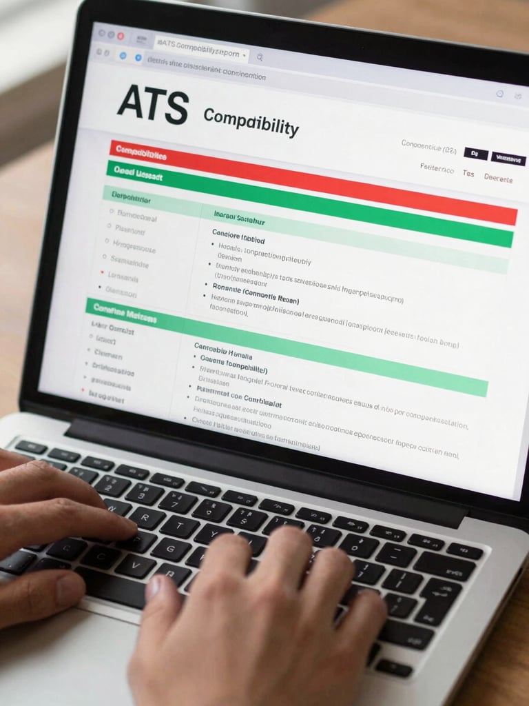 Close-up overhead shot of a laptop screen displaying an ATS compatibility report with parsed resume fields highlighted in green and flagged in red, a strategist's hand resting on the keyboard mid-review, sharp studio daylight from the left making screen text crisp and fully legible, tight crop on the interface output