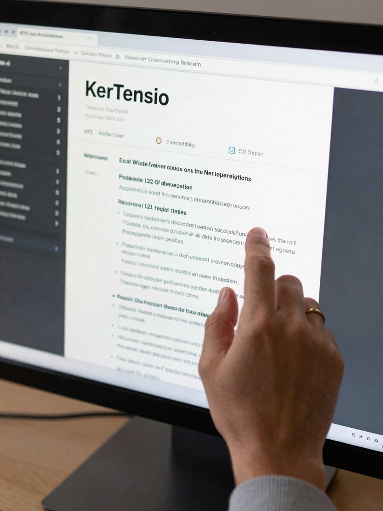 Close-up overhead shot of a strategist's hands scrolling through a resume document on a large monitor, screen filling the frame, ATS compatibility flags visible in a sidebar panel, sharp studio lighting making the text and interface elements crisp and legible