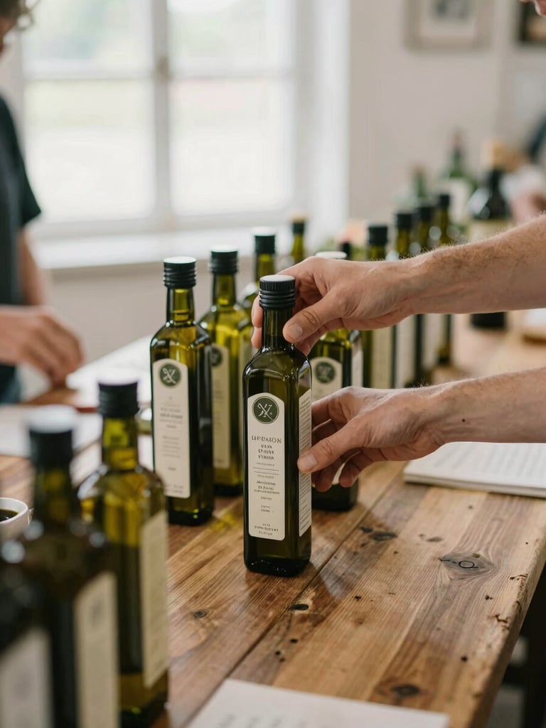 Candid behind-the-scenes shot of a food market workshop, hands arranging artisanal olive oil bottles on a rustic wooden table, soft natural window light, 35mm