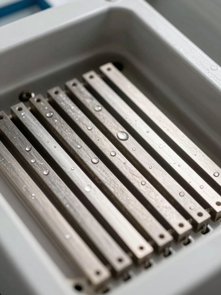 Extreme close-up of a Kangen ionization chamber interior, bright north-facing daylight, titanium electrode plates visible in precise geometric rows, water droplets on the electrode surface, clinical and sharp focus, no person, no branding overlay