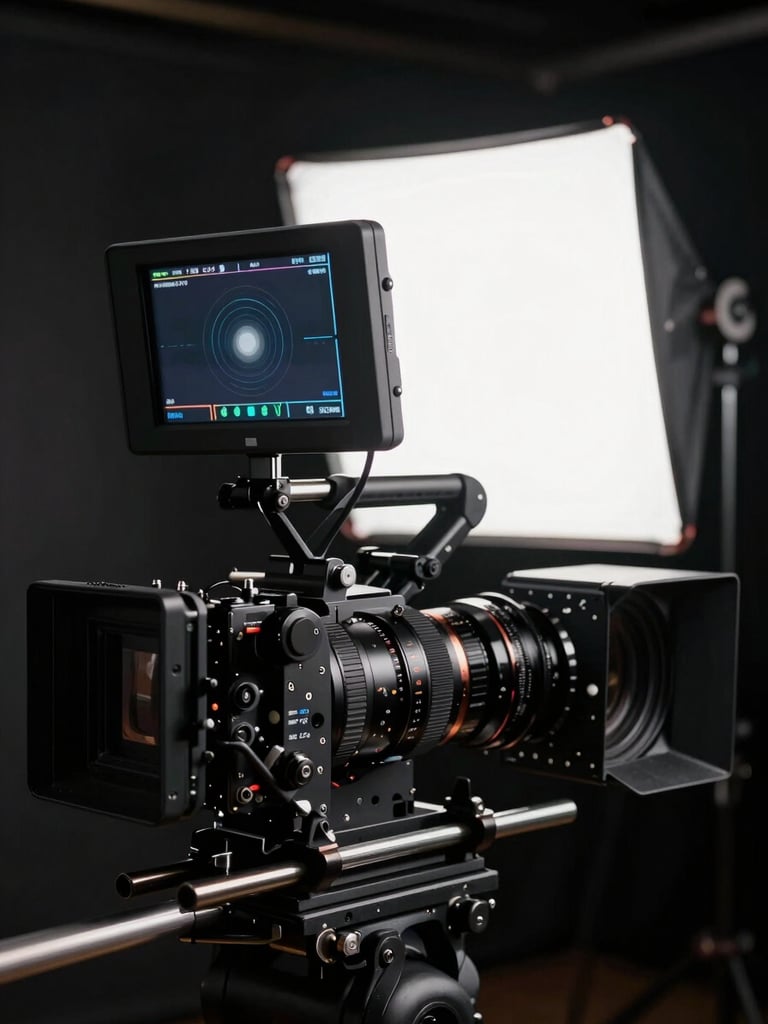 Cinematic close-up of a high-end cinema camera rig, matte box, and field monitor glowing in a dark studio setting, dramatic low-key lighting.