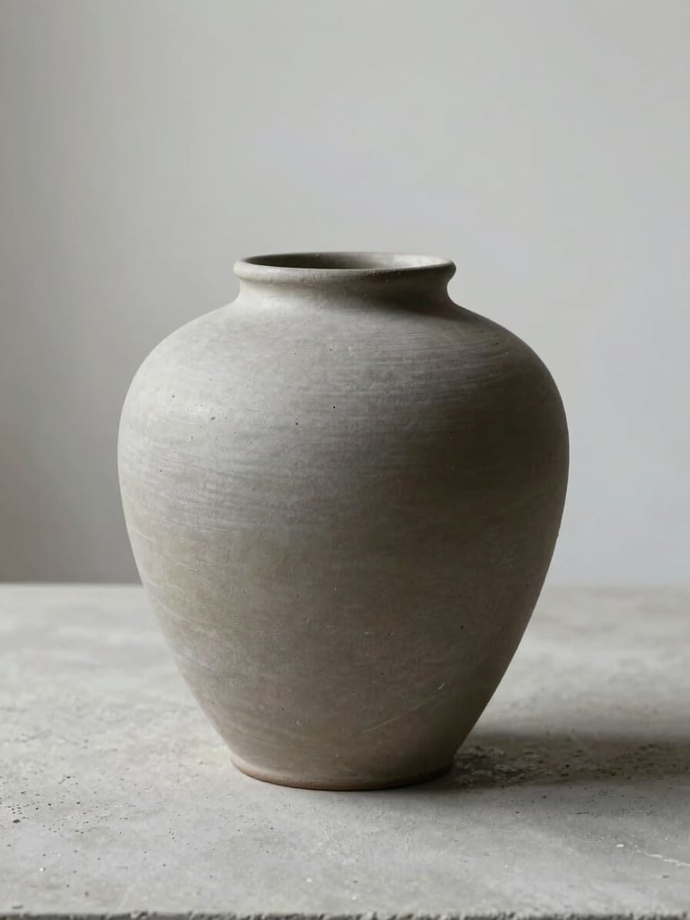 Close three-quarter view of a considered object — a solid matte ceramic vessel or minimal wooden form — resting on a pale concrete surface, north-facing diffused studio light clarifying every edge, deep neutral background fading to near-white at top, no hands or styling