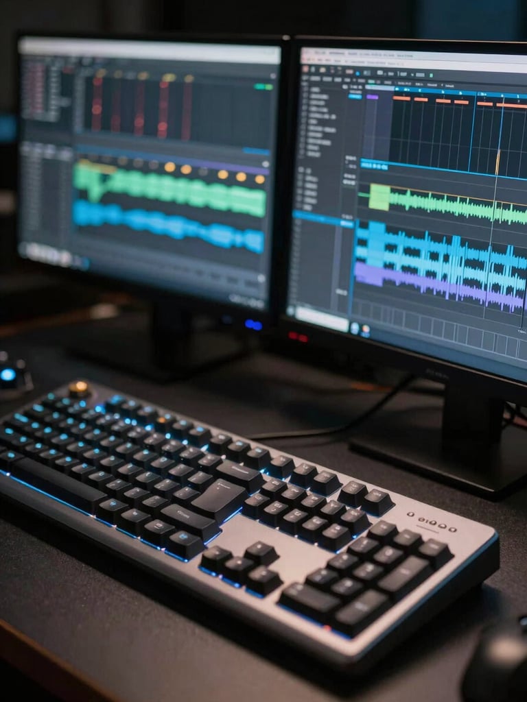Macro shot of a professional non-linear editing desk, high-end mechanical keyboard, dual-monitor setup showing complex timeline audio waveforms, cool-toned ambient backlighting.