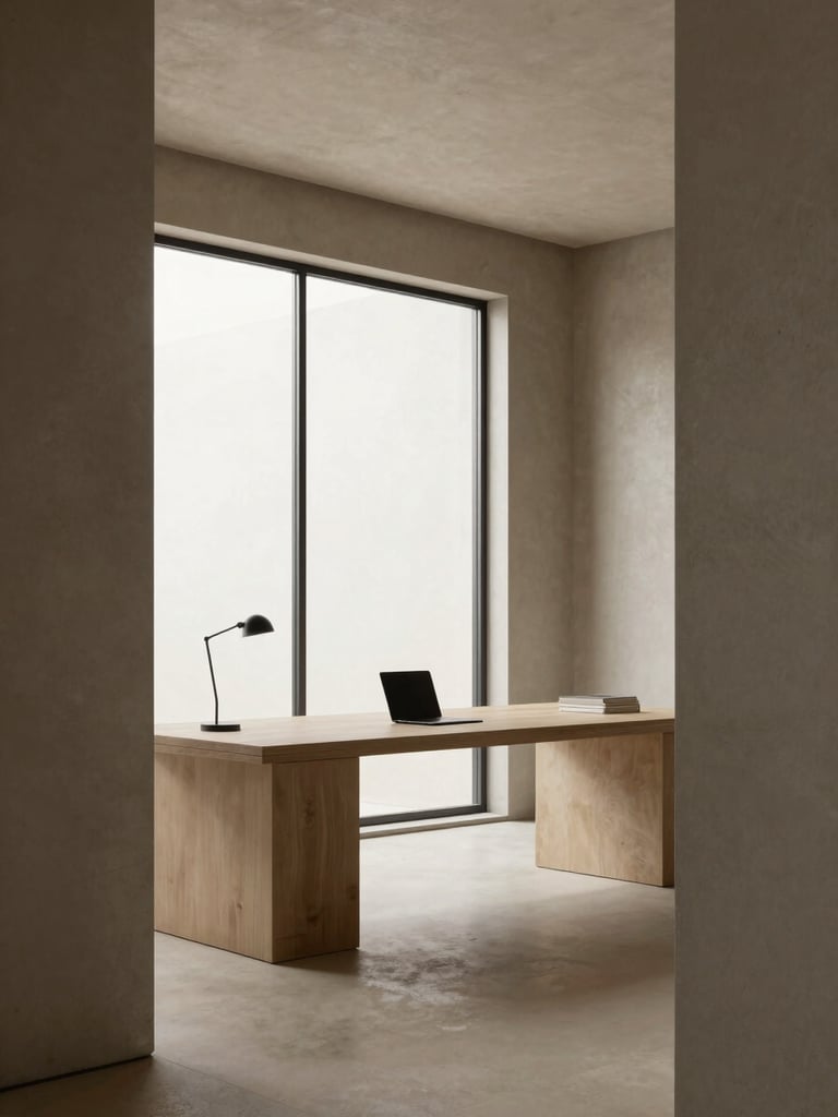 Minimalist modern creative studio workspace in Lehi, clean concrete lines, natural light pouring from a large window, warm sand tones