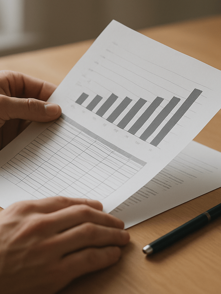 Close-up of a person's hands turning the page of a printed financial comparison document on a wooden desk, a pen resting nearby, soft north-facing daylight from an off-frame window, clean desk surface with minimal objects, calm and focused atmosphere