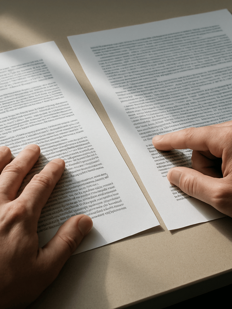 Close-up of hands on a desk with two open documents side by side, one hand pointing to a line of text, overhead natural light casting soft shadows, papers slightly overlapping, clean institutional desk surface visible at edges