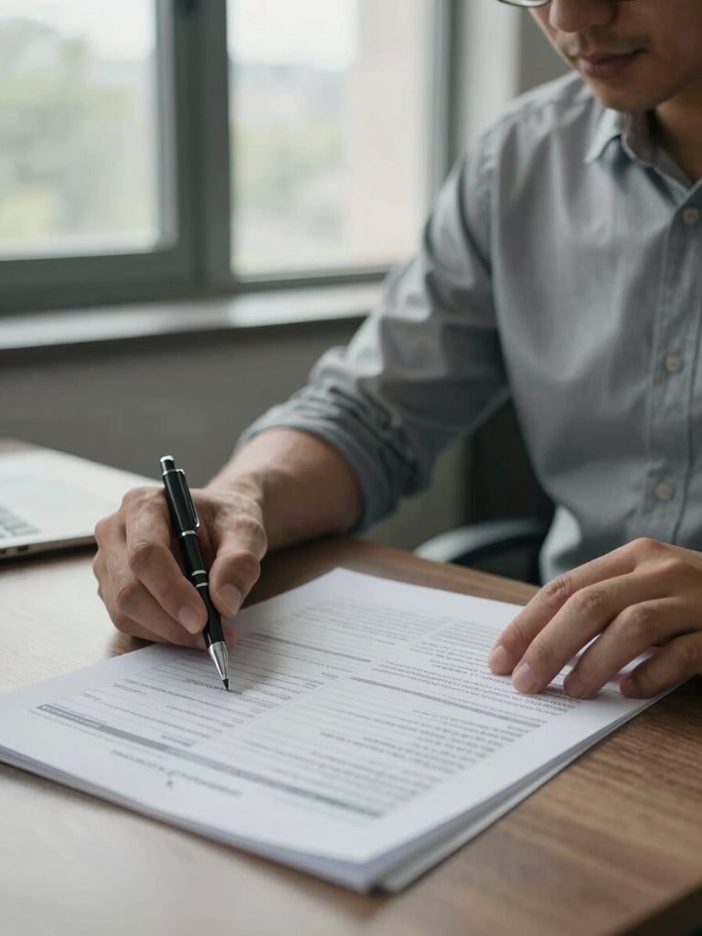 Medium-wide shot of a professional reviewing a printed financial comparison sheet at a desk, natural daylight from a side window, pen resting on the page, sleeves rolled slightly, institutional setting with muted gray tones