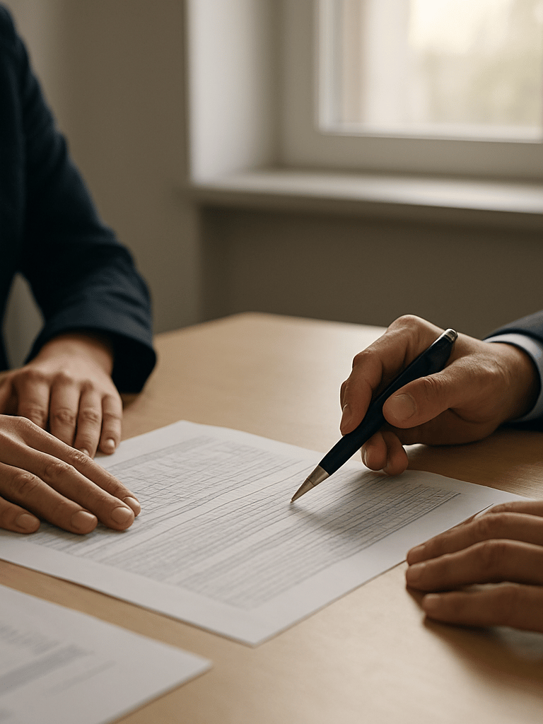 Medium-wide shot of two people seated across a table in a naturally lit institutional interior, hands resting on printed financial documents mid-review, north-facing window light falling across the papers, one person's pen poised at a comparison row — the physical moment a decision is about to be made