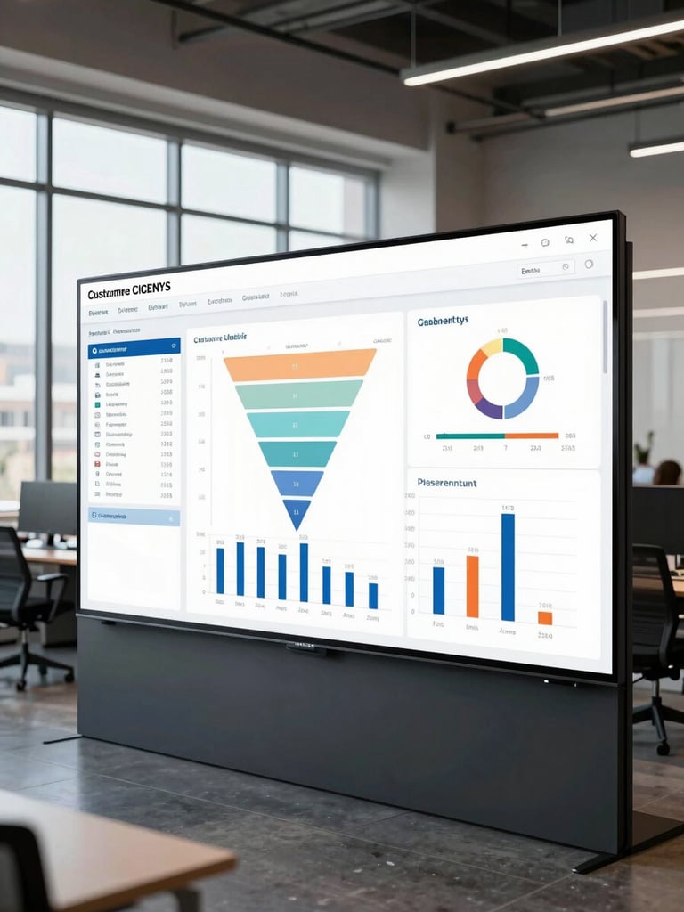 Wide shot of a business intelligence dashboard displayed on a large office wall screen, customer data segments and funnel charts visible, open-plan enterprise office in background with rows of desks, daylight from tall windows