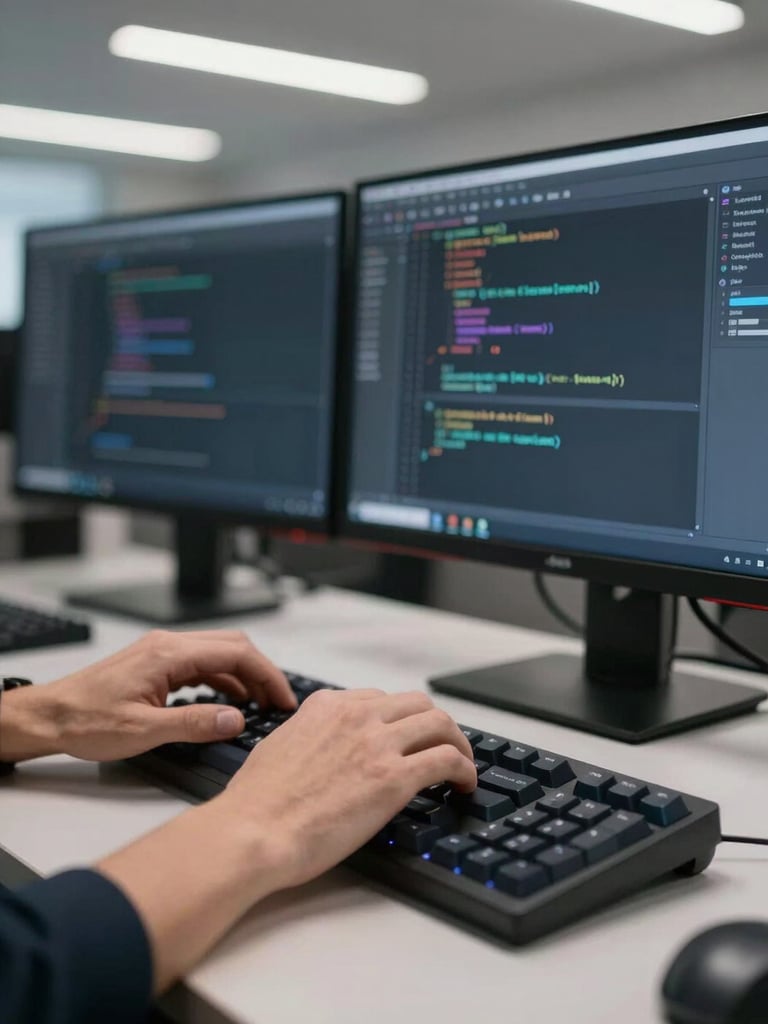 Close-up of a developer's hands typing on a mechanical keyboard with workflow automation code on a dark IDE on a wide monitor, blurred secondary screens in background, office fluorescent light overhead, clean desk surface