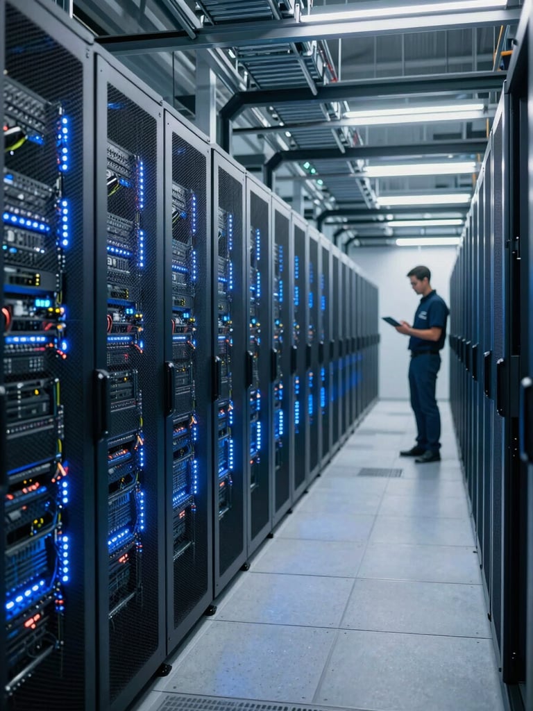 Wide enterprise data center corridor, rows of illuminated server racks receding into depth, cool blue LED ambient light, a technician in background reviewing a tablet, ceiling cable trays visible above
