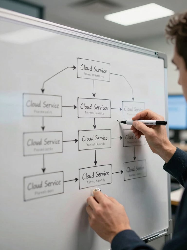 Architect's hands sketching a system architecture diagram on whiteboard in a conference room, marker lines showing data flow between boxes labeled with cloud service names, fluorescent office lighting, blurred monitor screens in background
