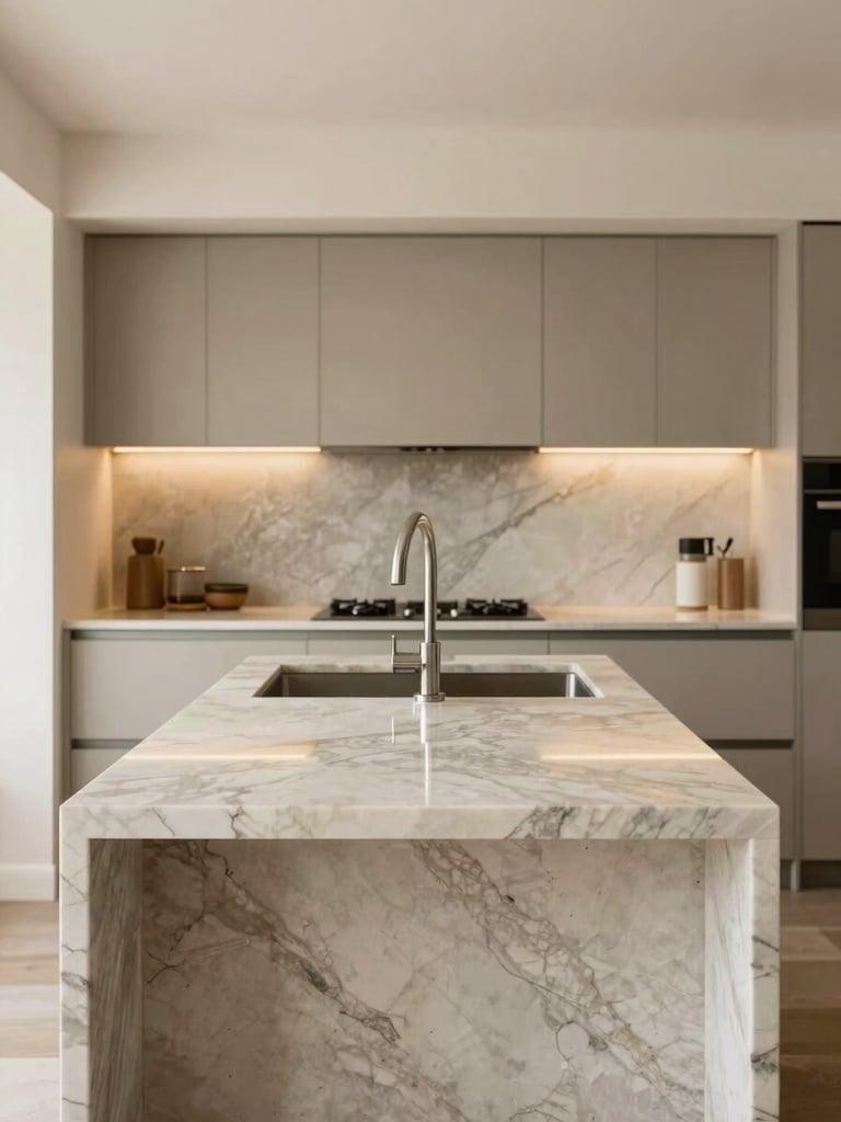Straight-on architectural shot of a modern kitchen island with waterfall marble worktop, warm lighting, sharp focus, 35mm