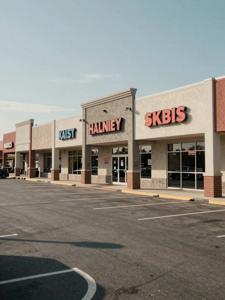 Wide environmental shot of a row of occupied retail storefronts at a commercial plaza, photographed in clear daytime natural light, overcast sky diffusing shadows evenly, signage visible above each unit entry, parking lane in foreground showing access and visibility, concrete facade with industrial material detail, no people staged in foreground