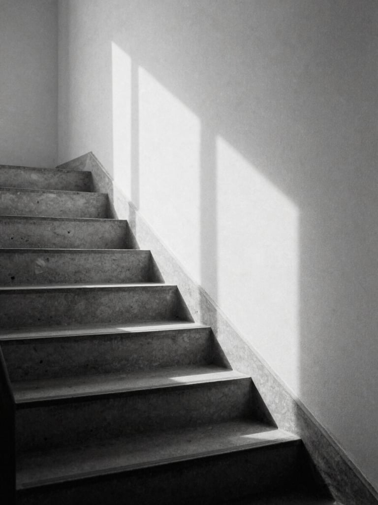 Minimalist desaturated photograph of a single concrete staircase in soft window light, high-contrast shadows, 35mm film grain style