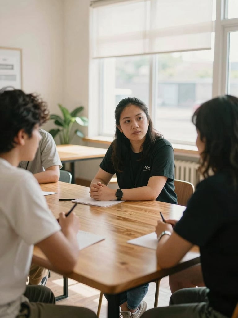 Candid, respectful medium shot of community organizers collaborating around a wooden table in a sunlit community center, soft natural afternoon light, 35mm film look.