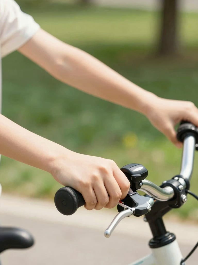 A close-up of hands gently adjusting a child's bicycle handlebars in a sunny park, focusing on the supportive connection, warm natural lighting, shallow depth of field.