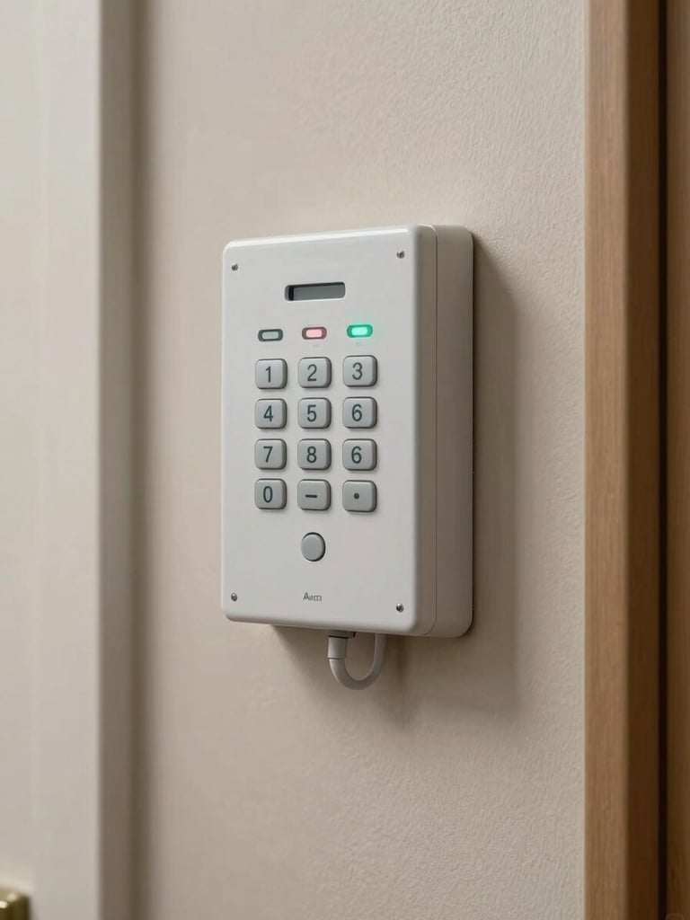 Alarm keypad panel mounted on a painted interior hallway wall, neutral studio strobe lighting, PIN buttons and zone indicator lights in sharp focus, clean cable entry at the base