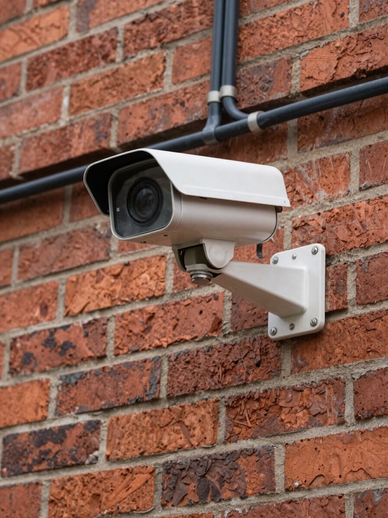 Close detail of a CCTV camera mounted on a red-brick exterior wall, wiring visible and neatly routed into conduit, north-facing diffused daylight, flat technical framing