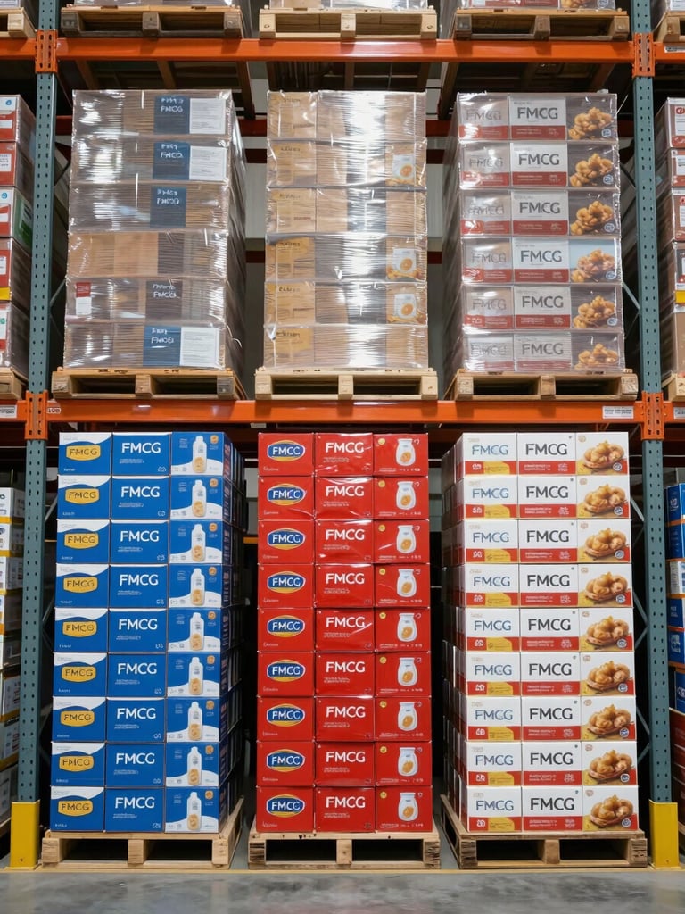 Wide-angle, straight-on shot of organized FMCG product cases stacked neatly on high-bay industrial warehouse racking, bright clean daylight filtering through, sharp focus on packaging details, no people.