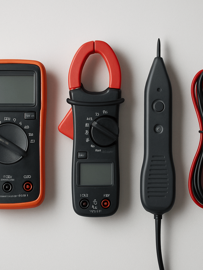 Close-up overhead shot of electrical diagnostic tools—multimeter, clamp meter, circuit tracer—laid out in precise order on a clean white work surface under clinical daylight, cables coiled neatly beside them