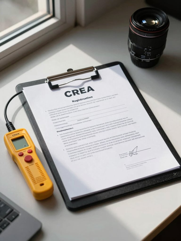 Framed CREA registration certificate pinned to a clipboard on a site desk, sharp daylight from a side window illuminating the document details and a yellow voltage tester resting alongside it