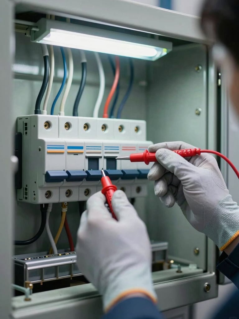 Close-up of a residential circuit breaker panel open under clinical fluorescent light, wiring neatly exposed, a technician's gloved hand holding a digital multimeter probe to a terminal, sharp diagnostic framing with no shadows