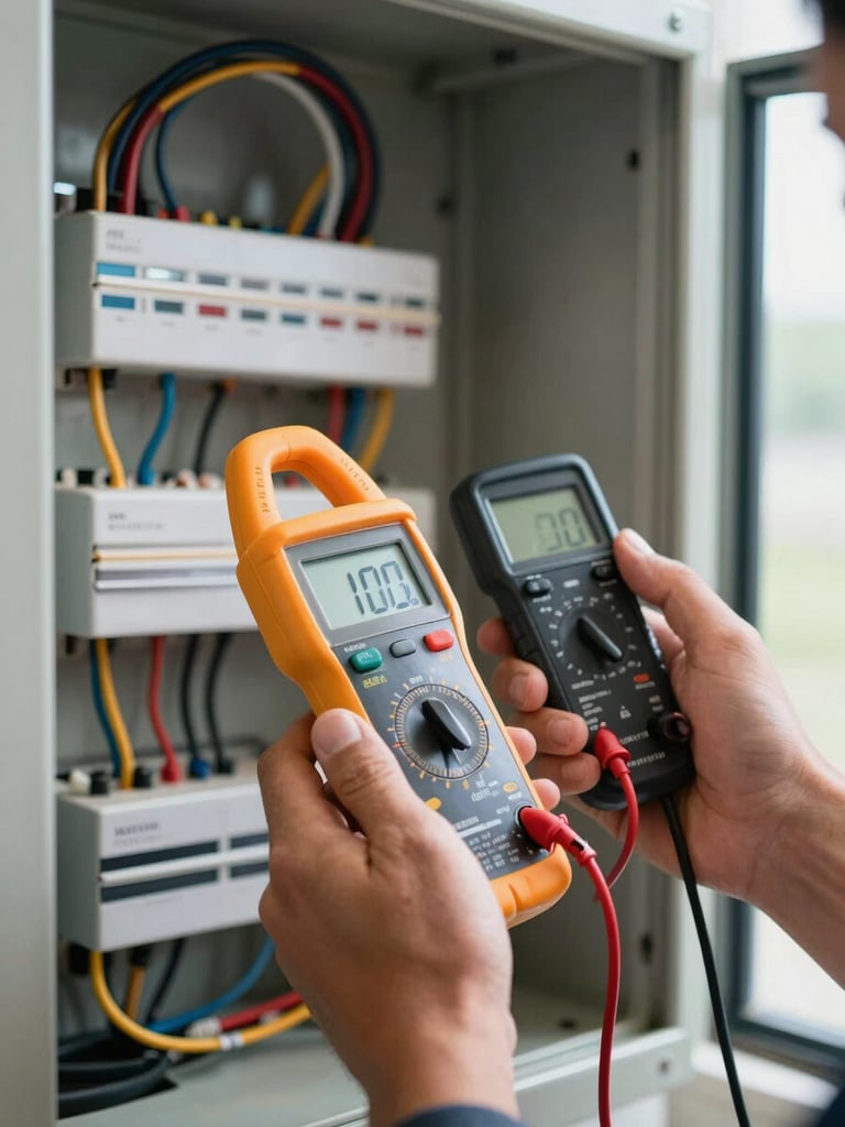 Close-up of an electrician's hands holding a digital clamp multimeter against a live wire inside an open residential panel, bright daylight from a nearby window illuminating the meter display and cable colors clearly