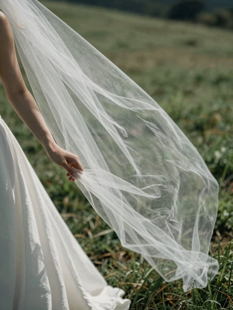 Close-up of a bride's hand lightly holding a wind-whipped veil on a grassy hillside, soft focus, high-contrast natural light casting long shadows on raw linen fabric, medium-format film grain.