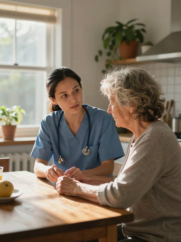 Close environmental shot, a female caregiver in casual clothes helping an elderly woman at a kitchen table, natural window light streaming from the left, warm morning glow, caregiver's face turned slightly toward the client with quiet focus, hands visible mid-task, real home interior with visible wood grain and houseplants