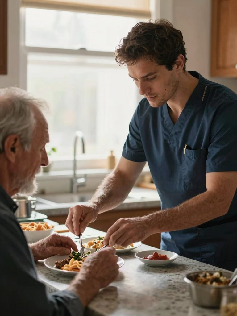 Tight portrait of a male caregiver in a client's kitchen, helping an elderly man with a morning meal, hands visible at the counter, warm natural light from a window above, focused and unhurried expression, documentary framing