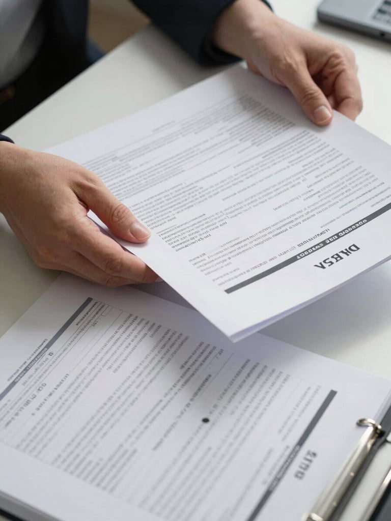 Close-up of hands on a desk sorting through health insurance policy documents and claim forms, overhead office fluorescent lighting casting clean shadows on printed paperwork, a policy booklet open to a dense clause page visible in the lower frame