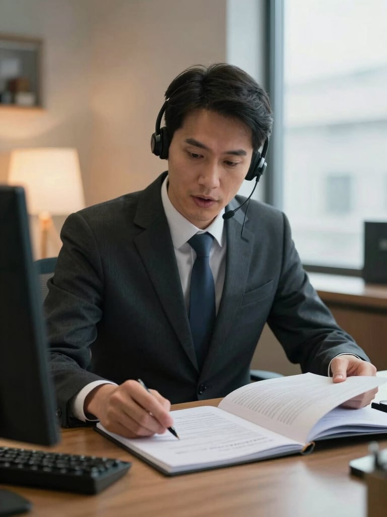 Medium-wide shot of a customer service agent at a desk leaning forward in genuine mid-conversation, one hand resting on an open document folder, warm tungsten office lighting from the left, slightly cool fill light from a window behind, focus on the agent's attentive expression and the papers on the desk, no uniform, no branding visible