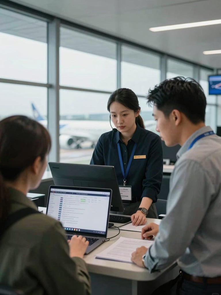 Medium-wide documentary shot inside an airport operations area — a customer service agent in casual attire leaning toward a traveler across a low counter, both looking at a laptop screen showing a flight confirmation page, natural cool daylight from a large window to the left, honest operational setting, no smiling at camera