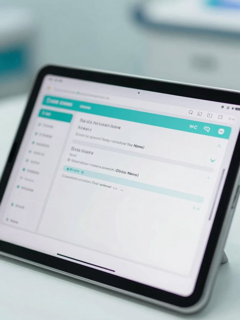 Macro close-up of a sterile clinical environment, a high-end medical tablet interface showing clean wound care data visualizations and diagnostic metrics under bright natural daylight.