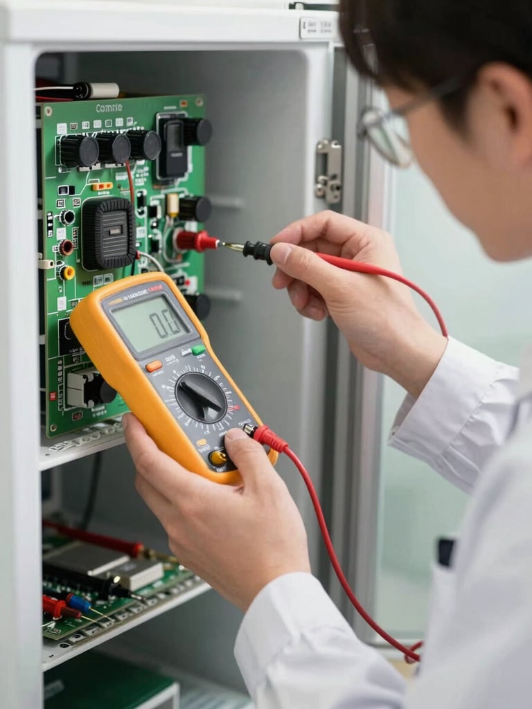 Macro shot of a clean, uniformed technician using a digital multimeter to test a high-end refrigerator control board, bright daylight.