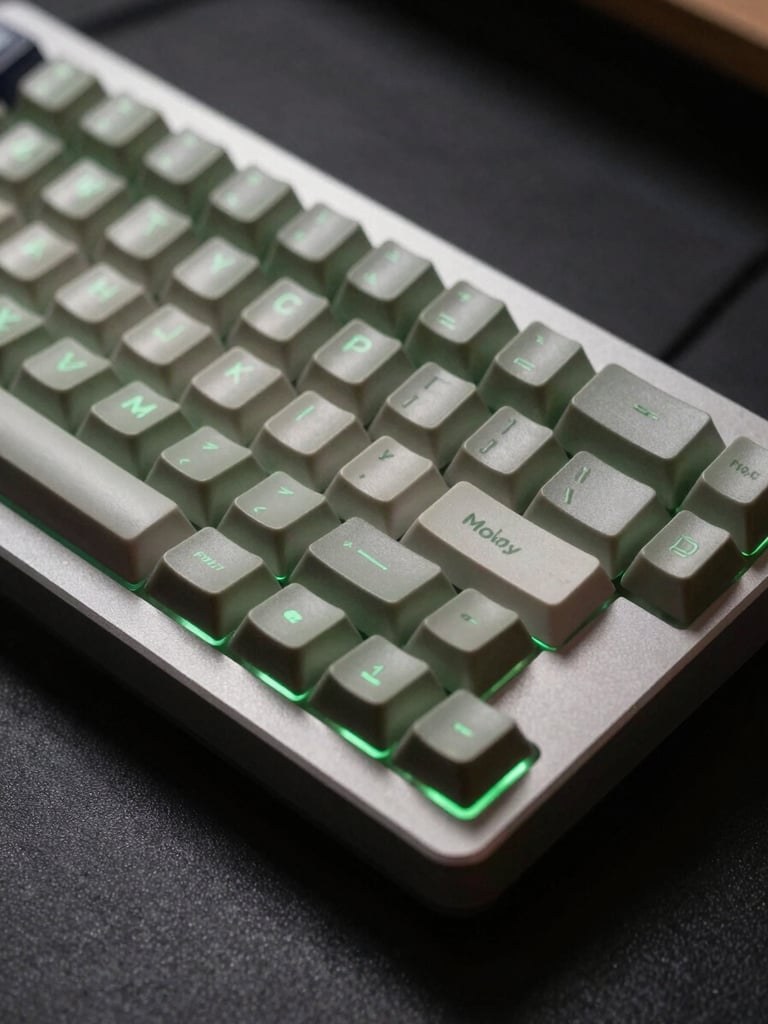 Moody close-up macro shot of a premium mechanical keyboard with custom keycaps, soft terminal green LED glow from beneath, dark matte black desk surface, shallow depth of field.