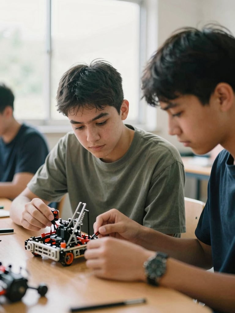 A medium-wide environmental portrait of two high school students collaborating on a robotics project in a sunny classroom, soft natural daylight, shallow depth of field, 35mm film style