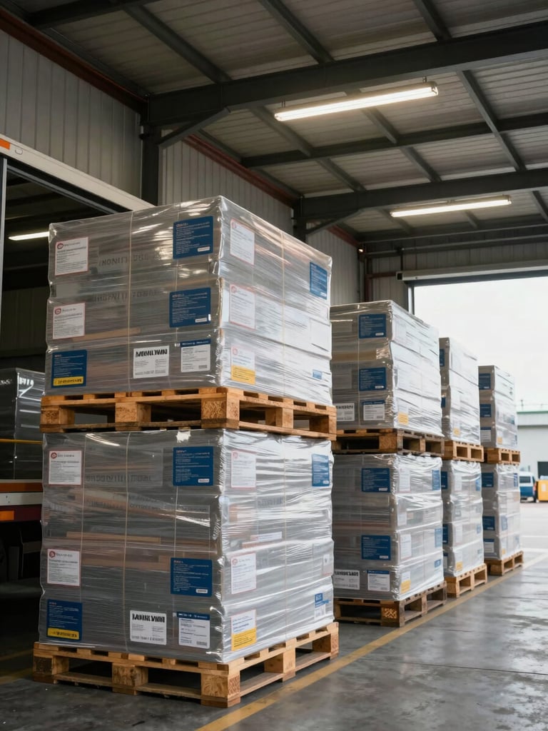 Wide environmental shot of a loading dock, pallets of labeled construction materials staged in neat rows under warehouse fluorescent lighting, a partial truck frame visible at the left dock door, shot from a low wide angle showing scale and organization