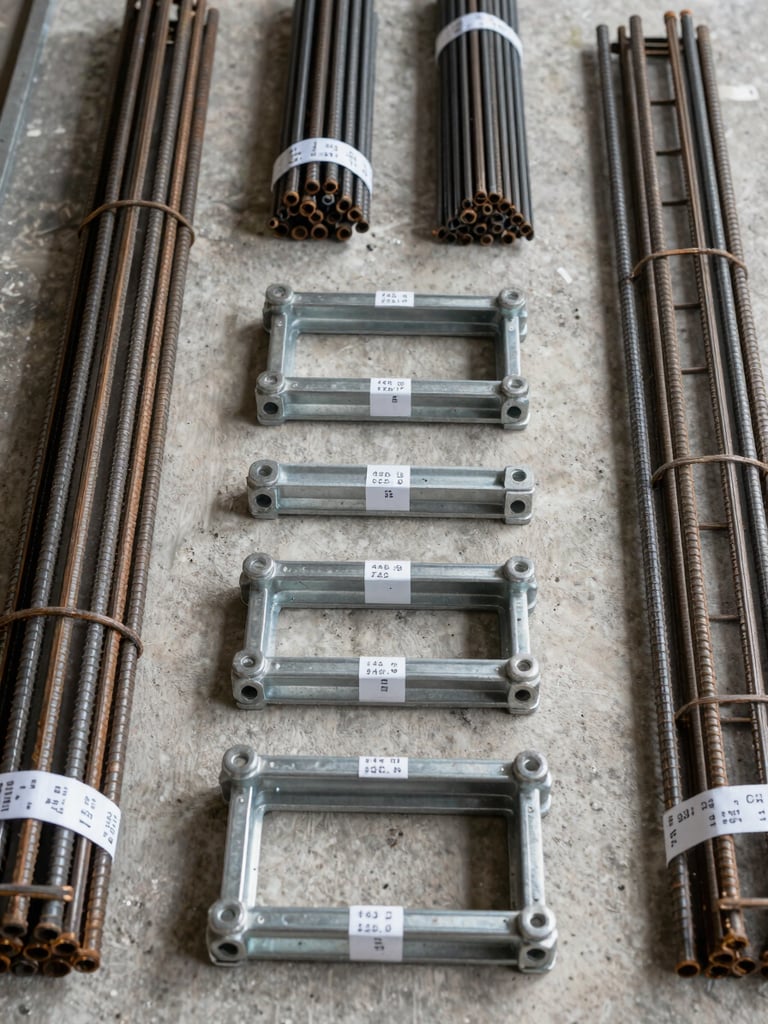 Close-up overhead flat-lay on concrete surface, steel rebar bundles and framing hardware tagged with specification labels, bright daylight-balanced facility lighting, organized rows showing quantity and grade markings